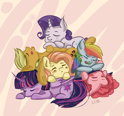 Size: 1280x1200 | Tagged: safe, artist:linaree, applejack, fluttershy, pinkie pie, rainbow dash, rarity, twilight sparkle, alicorn, earth pony, pegasus, pony, unicorn, g4, blush sticker, blushing, cuddle puddle, cuddling, cute, dashabetes, diapinkes, female, jackabetes, mane six, mare, pony pile, raribetes, shyabetes, sleeping, twiabetes, twilight sparkle (alicorn)