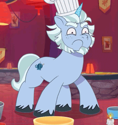 Size: 683x720 | Tagged: safe, screencap, alphabittle blossomforth, pony, unicorn, foal food, g5, my little pony: tell your tale, spoiler:g5, spoiler:my little pony: tell your tale, spoiler:tyts01e38, alphabittle is best facemaker, animated, bowl, candle, chef's hat, cropped, crystal tea room, dancing, faic, gif, hat, loop, majestic as fuck, male, party hard, perfect loop, silly, silly face, silly pony, solo, stallion, unicorn jinx dance, wide eyes, youtube link