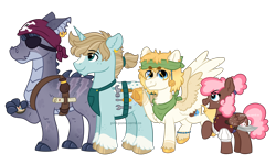 Size: 5000x3000 | Tagged: safe, artist:pink-pone, oc, oc only, oc:bruce ironjaw, oc:peppermint patty, oc:sandy skye, oc:silver spanner, dracony, dragon, hybrid, pegasus, pony, unicorn, clothes, colored wings, compass, ear piercing, eyepatch, female, male, map, mare, piercing, simple background, stallion, transparent background, two toned wings, wings