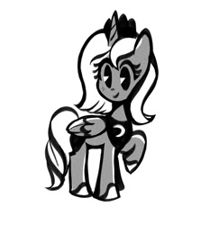 Size: 1326x1365 | Tagged: safe, artist:fluffielox, princess luna, alicorn, pony, g4, closed mouth, eyes open, female, folded wings, grayscale, horn, jewelry, monochrome, raised hoof, regalia, s1 luna, simple background, smiling, solo, white background, wings, woona, younger