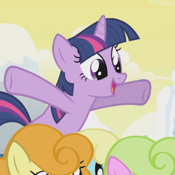 Size: 407x407 | Tagged: safe, screencap, carrot top, daisy, flower wishes, golden harvest, sassaflash, twilight sparkle, earth pony, pony, unicorn, season 1, winter wrap up, adorkable, animated, background pony, background pony audience, crowd, cute, dork, female, flying, irrational exuberance, jumping, mare, open mouth, open smile, smiling, twiabetes, unicorn twilight, waving, weather team, winter wrap up vest