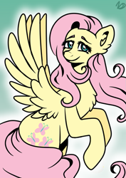 Size: 595x842 | Tagged: safe, artist:dreamy990, fluttershy, pegasus, pony, g4, chest fluff, ear fluff, female, looking at you, mare, simple shading, smiling, smiling at you, solo, spread wings, turned head, wings