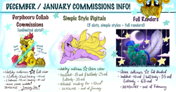 Size: 4800x2512 | Tagged: safe, artist:julunis14, oc, oc:ayza, oc:baatochan, earth pony, pegasus, pony, unicorn, derpibooru community collaboration, advertisement, chest fluff, commission, commissions open, cute, feather, moon, prices, simple background, stars, tongue out, white background