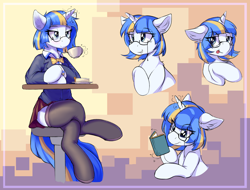 Size: 2048x1556 | Tagged: safe, artist:ravistdash, oc, oc:diviina, unicorn, semi-anthro, arm hooves, blue eyes, book, bowtie, clothes, crossed legs, cup, female, glasses, reading, sitting, skirt, stockings, teacup, thigh highs, whirt, zettai ryouiki