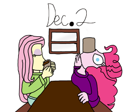 Size: 3386x3000 | Tagged: safe, artist:ktd1993, fluttershy, pinkie pie, human, equestria girls, g4, 1000 hours in ms paint, 2, chocolate, drinking, duo, female, food, high res, hot chocolate, lesbian, ship:flutterpie, shipping, simple background, transparent background