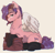 Size: 1280x1241 | Tagged: safe, artist:twinkesss, pipp petals, pegasus, pony, g5, backwards cutie mark, beige background, chest fluff, clothes, female, looking at you, lying down, mare, pillow, prone, signature, simple background, solo, stockings, thigh highs
