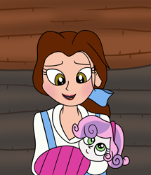 Size: 1718x2000 | Tagged: safe, artist:platinumdrop, sweetie belle, human, equestria girls, g4, adopted, baby, beauty and the beast, belle, duo, duo female, female, holding, request, smiling, sweetieadoption, younger