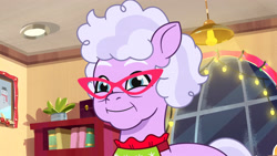 Size: 3072x1727 | Tagged: safe, screencap, grandma figgy, earth pony, pony, foal food, g5, my little pony: tell your tale, spoiler:g5, spoiler:my little pony: tell your tale, spoiler:tyts01e38, female, glasses, high res, mare, smiling, solo, youtube link