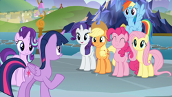 Size: 1920x1080 | Tagged: safe, screencap, applejack, fluttershy, pinkie pie, rainbow dash, rarity, starlight glimmer, twilight sparkle, alicorn, earth pony, pegasus, pony, unicorn, g4, school daze, season 8, 1080p, ^^, cute, daaaaaaaaaaaw, dashabetes, diapinkes, eyes closed, female, flying, glimmerbetes, happy, jackabetes, looking at each other, looking at someone, mane six, mare, open mouth, raised hoof, raribetes, shyabetes, smiling, spread wings, twiabetes, twilight sparkle (alicorn), twilight's castle, wings