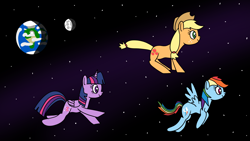 Size: 1920x1080 | Tagged: safe, artist:platinumdrop, applejack, rainbow dash, twilight sparkle, alicorn, earth pony, pegasus, pony, g4, earth, floating, moon, ponies in space, request, space, stars, twilight sparkle (alicorn)