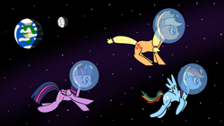 Size: 1920x1080 | Tagged: safe, artist:platinumdrop, applejack, rainbow dash, twilight sparkle, alicorn, earth pony, pegasus, pony, g4, earth, floating, helmet, moon, request, space, space helmet, stars, twilight sparkle (alicorn)