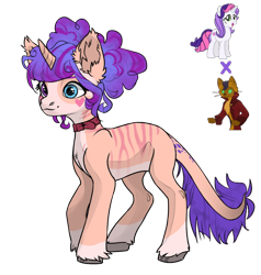 Size: 1028x1080 | Tagged: safe, artist:crumbelinadicarmello, capper dapperpaws, sweetie belle (g3), oc, cat, cat pony, original species, pony, unicorn, g3, g4, avatar maker fantasy pony, body markings, coat markings, curly mane, facial markings, female, fusion, g3 to g4, generation leap, hair bun, leonine tail, mare, simple background, socks (coat markings), solo, stripes, tail, transparent background