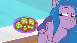 Size: 3072x1727 | Tagged: safe, screencap, izzy moonbow, pony, unicorn, foal food, g5, my little pony: tell your tale, spoiler:g5, spoiler:my little pony: tell your tale, spoiler:tyts01e38, cookie, female, food, high res, mare, solo, sweat, sweatdrop, youtube link