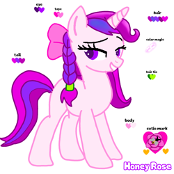 Size: 768x768 | Tagged: safe, artist:mazakbar567, oc, oc only, oc:honey rose, pony, unicorn, braid, cutie mark, horn, pink body, purple eyes, purple hair, reference sheet, ribbon, simple background, solo, white background