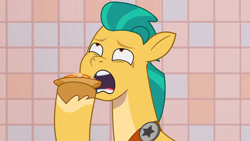 Size: 3072x1727 | Tagged: safe, screencap, hitch trailblazer, earth pony, pony, foal food, g5, my little pony: tell your tale, spoiler:g5, spoiler:my little pony: tell your tale, spoiler:tyts01e38, cookie, eating, food, high res, male, open mouth, solo, stallion, youtube link