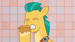 Size: 3072x1727 | Tagged: safe, screencap, hitch trailblazer, earth pony, pony, foal food, g5, my little pony: tell your tale, spoiler:g5, spoiler:my little pony: tell your tale, spoiler:tyts01e38, cookie, eating, eyes closed, food, high res, male, solo, stallion, youtube link