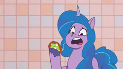 Size: 3072x1727 | Tagged: safe, screencap, izzy moonbow, pony, unicorn, foal food, g5, my little pony: tell your tale, spoiler:g5, spoiler:my little pony: tell your tale, spoiler:tyts01e38, cookie, female, food, high res, mare, open mouth, solo, youtube link