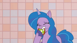 Size: 3072x1727 | Tagged: safe, screencap, izzy moonbow, pony, unicorn, foal food, g5, my little pony: tell your tale, spoiler:g5, spoiler:my little pony: tell your tale, spoiler:tyts01e38, cookie, eating, eyes closed, female, food, high res, mare, solo, youtube link