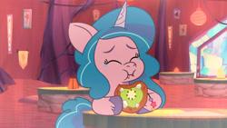 Size: 3072x1727 | Tagged: safe, screencap, izzy moonbow, pony, unicorn, foal food, g5, my little pony: tell your tale, spoiler:g5, spoiler:my little pony: tell your tale, spoiler:tyts01e38, cookie, crying, cute, eating, female, filly, filly izzy moonbow, foal, food, high res, izzybetes, solo, tears of joy, younger, youtube link