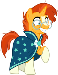 Size: 3000x3889 | Tagged: safe, artist:cloudy glow, sunburst, pony, unicorn, g4, .ai available, cloak, clothes, coat markings, glasses, grin, high res, male, raised hoof, simple background, smiling, socks (coat markings), solo, stallion, sunburst's cloak, transparent background, vector, wide eyes