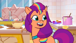 Size: 3072x1727 | Tagged: safe, screencap, sunny starscout, earth pony, pony, foal food, g5, my little pony: tell your tale, spoiler:g5, spoiler:my little pony: tell your tale, spoiler:tyts01e38, female, high res, mane stripe sunny, mare, open mouth, open smile, smiling, solo, youtube link