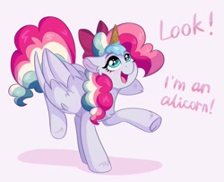 Size: 1682x1369 | Tagged: safe, artist:skysorbett, oc, oc:sky sorbet, pegasus, pony, eyebrows, fake horn, food, ice cream, ice cream cone, ice cream horn, multicolored hair, open mouth, silly, silly pony, solo, standing on two hooves