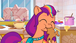 Size: 3072x1727 | Tagged: safe, screencap, sunny starscout, earth pony, pony, foal food, g5, my little pony: tell your tale, spoiler:g5, spoiler:my little pony: tell your tale, spoiler:tyts01e38, ^^, cookie, cute, eating, eyes closed, female, food, high res, mane stripe sunny, mare, smiling, solo, sunnybetes, youtube link