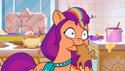 Size: 3072x1727 | Tagged: safe, screencap, sunny starscout, earth pony, pony, foal food, g5, my little pony: tell your tale, spoiler:g5, spoiler:my little pony: tell your tale, spoiler:tyts01e38, cookie, eating, female, food, high res, mane stripe sunny, mare, pinpoint eyes, solo, youtube link