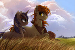 Size: 1063x718 | Tagged: dead source, safe, artist:ruhje, oc, oc only, earth pony, pony, unicorn, 2012, cloud, duo, female, looking at each other, looking at someone, male, mare, old art, scenery, stallion