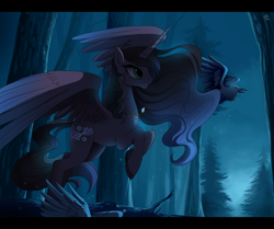 Size: 1150x960 | Tagged: dead source, safe, artist:ruhje, oc, oc only, oc:aurora, alicorn, bird, pony, 2013, alicorn oc, beautiful, color porn, ethereal mane, female, forest, horn, mare, night, not luna, scenery, scenery porn, solo, spread wings, wings