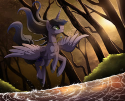 Size: 1051x854 | Tagged: dead source, safe, artist:ruhje, oc, oc only, oc:aurora, alicorn, pony, 2013, alicorn oc, color porn, colored hooves, female, flying, horn, jewelry, mare, necklace, smiling, solo, spread wings, tree, water, windswept mane, wings