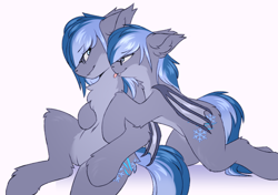 Size: 2700x1900 | Tagged: safe, artist:snowstormbat, oc, oc only, oc:evening snowfall, oc:midnight snowstorm, bat pony, belly, belly button, cheek fluff, chest fluff, duo, ear fluff, female, floppy ears, fluffy, glasses, hug, leg fluff, looking at each other, looking at someone, male, mare, pale belly, rule 63, self paradox, self ponidox, selfcest, shipping, simple background, sitting, stallion