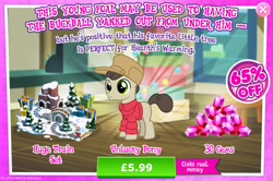 Size: 1962x1300 | Tagged: safe, gameloft, gnarly burl, earth pony, pony, g4, my little pony: magic princess, advertisement, cash register, charlie brown, child, clothes, colt, costs real money, english, foal, gem, hat, introduction card, jacket, male, numbers, peanuts, peanuts (comic), present, railroad, sale, snow, solo, stallion, text, tree