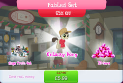 Size: 1272x854 | Tagged: safe, gameloft, gnarly burl, earth pony, pony, g4, my little pony: magic princess, bundle, child, clothes, colt, costs real money, english, fabled set, foal, gem, hat, jacket, mail, male, numbers, present, railroad, sale, snow, solo, stallion, text, tree