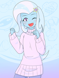 Size: 1668x2224 | Tagged: safe, artist:batipin, trixie, fish, human, equestria girls, g4, blue background, blushing, clothes, cute, cute little fangs, diatrixes, fangs, female, food, long sleeves, looking at you, noodles, one eye closed, open mouth, open smile, pants, ramen, simple background, smiling, smiling at you, solo, sweater, taiyaki, turtleneck, wink, winking at you