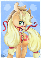 Size: 2480x3508 | Tagged: safe, artist:wolfcube333, applejack, earth pony, pony, g4, antlers, appledeer, applejack's hat, bridle, cowboy hat, cute, digital art, female, harness, hat, high res, jackabetes, jingle bells, mare, one eye closed, open mouth, open smile, out of frame, raised hoof, reindeer antlers, reins, signature, smiling, solo, tack, wink