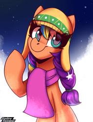Size: 1200x1575 | Tagged: safe, artist:shadowreindeer, sunny starscout, earth pony, pony, g5, my little pony: make your mark, my little pony: make your mark chapter 3, winter wishday, spoiler:g5, spoiler:winter wishday, braid, braided pigtails, clothes, cute, female, hat, mane stripe sunny, mare, pigtails, scarf, smiling, solo, sunnybetes, winter, winter hat