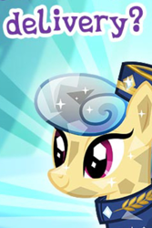Size: 310x464 | Tagged: safe, gameloft, golden hooves (g4), crystal pony, pony, g4, my little pony: magic princess, clothes, cropped, crystal, english, female, hat, mailmare, mare, meme, shirt, solo, text, wow! glimmer