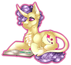 Size: 2073x1906 | Tagged: safe, artist:chvrchgrim, oc, oc:needlepoint, classical unicorn, pony, unicorn, book, calm, chest fluff, curly hair, curved horn, ear fluff, eyeshadow, fluffy, gift art, horn, leonine tail, makeup, nonbinary, reading, simple background, sitting, solo, transparent background, unshorn fetlocks