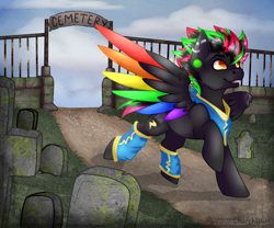 Size: 3000x2500 | Tagged: safe, artist:chvrchgrim, oc, oc:krypt, pegasus, pony, brick wall, clothes, colored wings, detailed background, dirt road, ear piercing, grass, gravestone, graveyard, high res, industrial piercing, looking up, male, multicolored hair, multicolored wings, neckerchief, open mouth, open smile, pegasus oc, piercing, rainbow wings, raised hoof, smiling, socks, solo, spread wings, stallion, uniform, windswept mane, wings, wonderbolts uniform