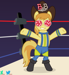 Size: 2500x2684 | Tagged: safe, artist:kuren247, braeburn, earth pony, pony, g4, arms wide open, bipedal, clothes, cowboy hat, crossover, glasses, hat, high res, jeff jarrett, male, show accurate, smiling, solo, sports, stallion, tights, wrestling, wrestling ring, wwe