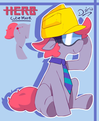 Size: 1280x1551 | Tagged: safe, artist:dariosparks, oc, oc only, oc:herb mattecount, earth pony, pony, cutie mark, full body, glasses, goggles, helmet, necktie, pink hair, pink mane, pink tail, reference sheet, sitting, solo, tail