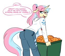 Size: 956x826 | Tagged: safe, artist:redxbacon, oc, oc:candy floss (redxbacon), unicorn, anthro, ass, basket, basketball, butt, clothes, femboy, floppy ears, heterochromia, hoodie, horn, lidded eyes, male, open mouth, ponytail, solo, sports, tail, tail wrap, unicorn oc, whistle