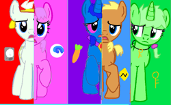 Size: 835x515 | Tagged: safe, artist:starlandkrewfanatic, oc, oc:lizzy the lizard, oc:naarky the aardvark, oc:sid the seagull, oc:sparkle the rabbit, oc:sparky the rabbit, alicorn, earth pony, pegasus, pony, unicorn, base used, cutie mark swap, ponified, starland krew, what my cutie mark is telling me