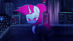 Size: 1920x1080 | Tagged: safe, artist:menalia, oc, oc only, oc:niroh fatal, pony, robot, robot pony, unicorn, animated, building, city, cityscape, clothes, cyberpunk, emotionless, female, horn, jacket, leather, leather jacket, lights, looking at you, mare, neon, night, outdoors, pants, rain, rooftop, shirt, skyscraper, solo, sound, standing, t-shirt, tail, three quarter view, webm, wind, windswept mane, windswept tail
