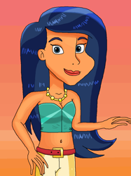 Size: 754x1010 | Tagged: safe, artist:ocean lover, desert sage, human, equestria girls, g4, my little pony equestria girls: better together, bare midriff, bare shoulders, belly, belly button, belt, black hair, clothes, disney style, eyeliner, female, human coloration, jewelry, lips, long hair, looking at you, makeup, necklace, orange background, pants, simple background, sleeveless, smiling, smiling at you, solo, tan skin, tube top