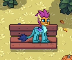 Size: 446x372 | Tagged: safe, artist:ponytownthings, princess ember, smolder, dragon, pony town, g4, bench, bush, female, grass, head swap, pumpkin, quadrupedal, shadow, solo