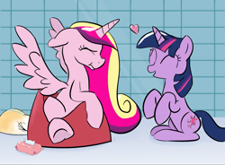 Size: 1737x1281 | Tagged: safe, artist:drasill, princess cadance, twilight sparkle, alicorn, pony, unicorn, g4, baby wipes, bathroom, cute, diaper, diaper fetish, duo, duo female, eyes closed, female, fetish, floating heart, heart, implied pooping, non-baby in diaper, potty training, sisters-in-law, smiling, training potty, unicorn twilight, wet diaper