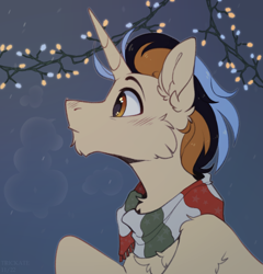 Size: 1500x1564 | Tagged: safe, artist:trickate, oc, oc only, oc:trase, pony, unicorn, cheek fluff, chest fluff, christmas, christmas lights, clothes, ear fluff, holiday, male, scarf, snow, stallion, striped scarf, winter