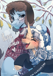Size: 1512x2162 | Tagged: safe, artist:trickate, oc, oc:tony loser, oc:trickate, earth pony, pony, unicorn, christmas sweater, clothes, female, glasses, hat, hoodie, mare, scarf, snow, sweater, sweatshirt, winter, winter hat
